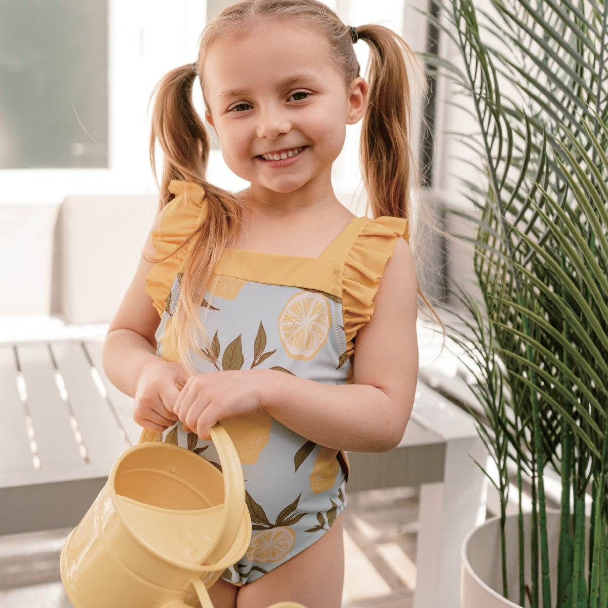 Milkbarn Yellow Gingham Ruffle Square Neck Swimsuit | Playroom Avenue