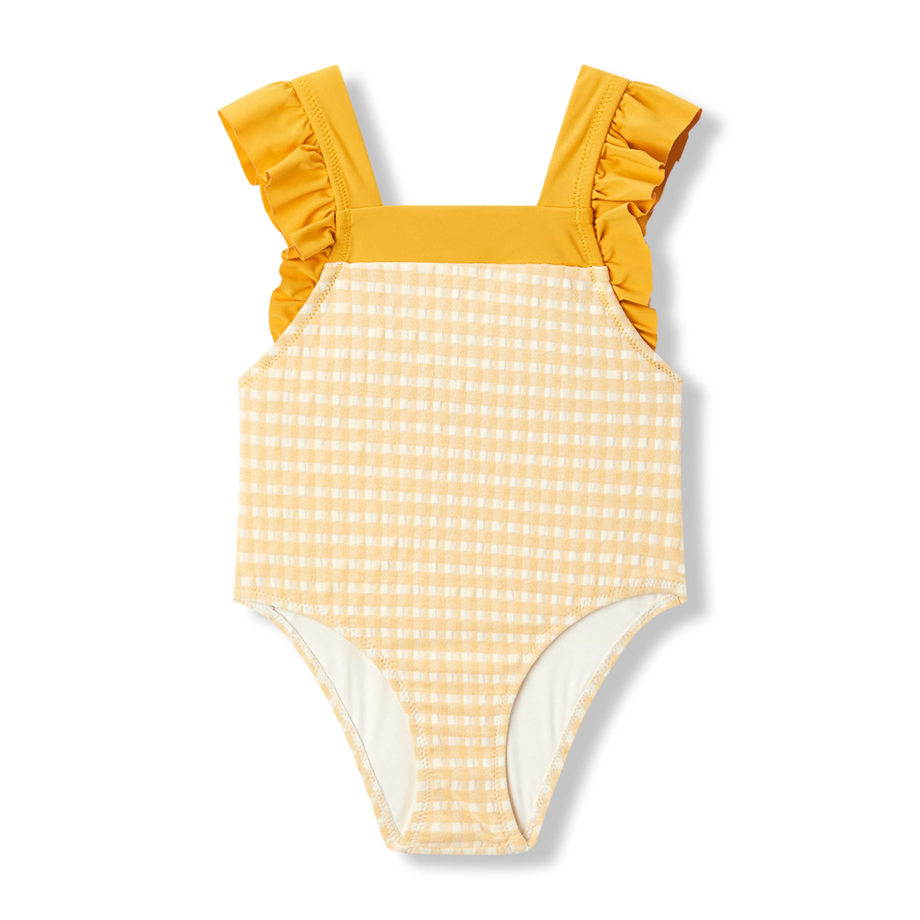 Milkbarn Yellow Gingham Ruffle Square Neck Swimsuit | Playroom Avenue