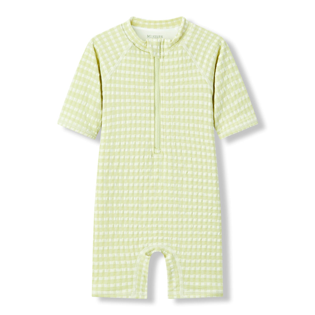 Milkbarn Green Gingham Zipper Shortall Swimsuit | Playroom Avenue