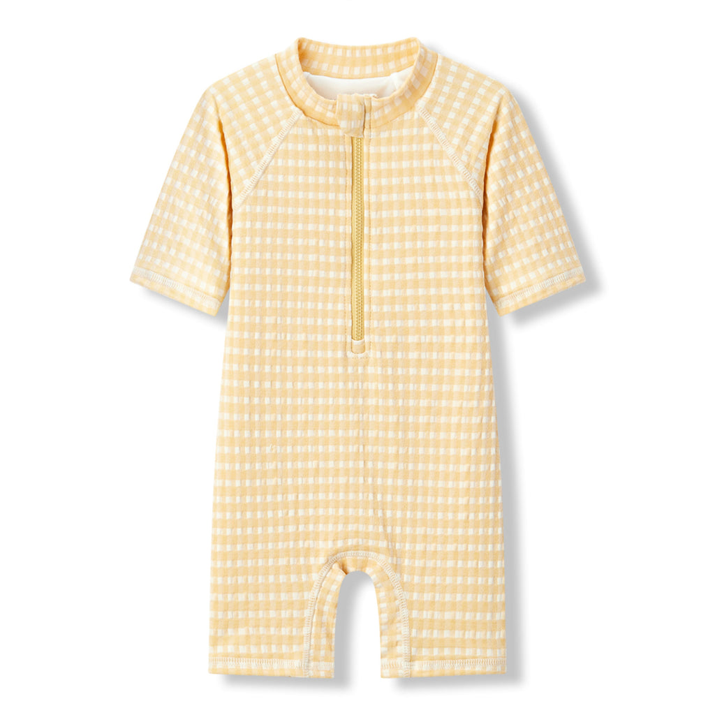 Milkbarn Yellow Gingham Zipper Shortall Swimsuit | Playroom Avenue