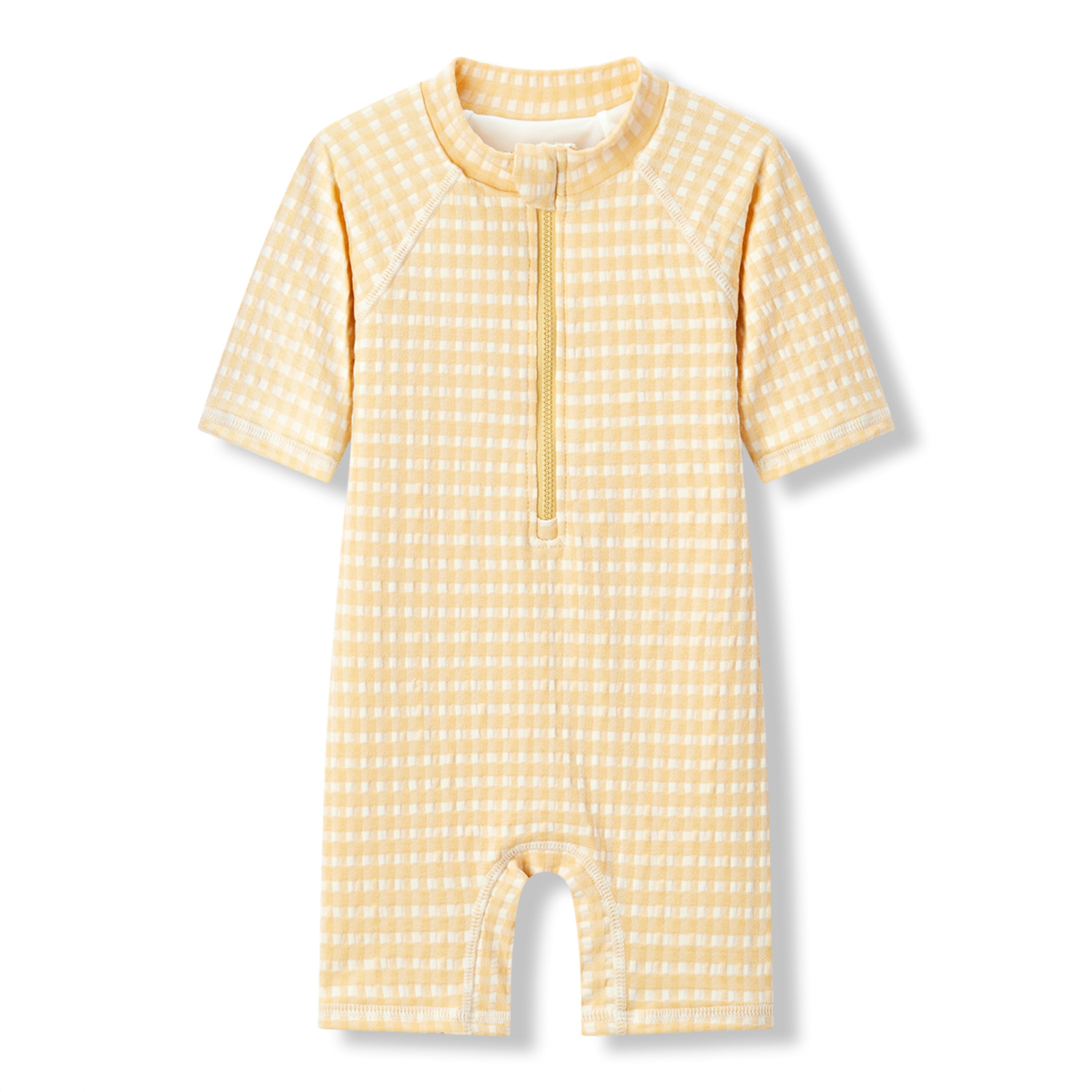 Milkbarn Yellow Gingham Zipper Shortall Swimsuit | Playroom Avenue