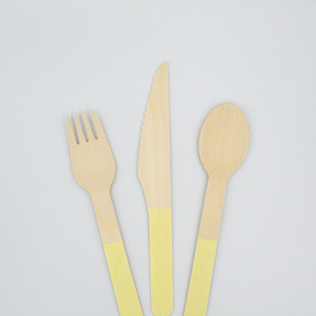 Ellie's Party Supply Yellow Wooden Utensil Set – 24ct | ON SALE!! | Playroom Avenue