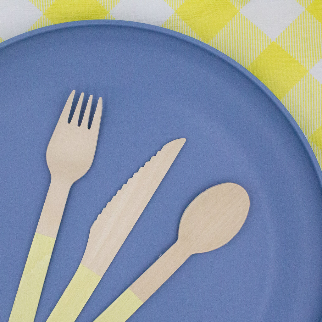 Ellie's Party Supply Yellow Wooden Utensil Set – 24ct | ON SALE!! | Playroom Avenue