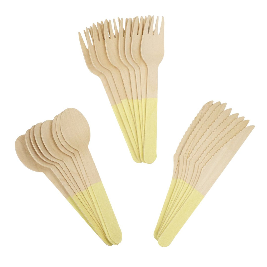 Ellie's Party Supply Yellow Wooden Utensil Set – 24ct | ON SALE!! | Playroom Avenue