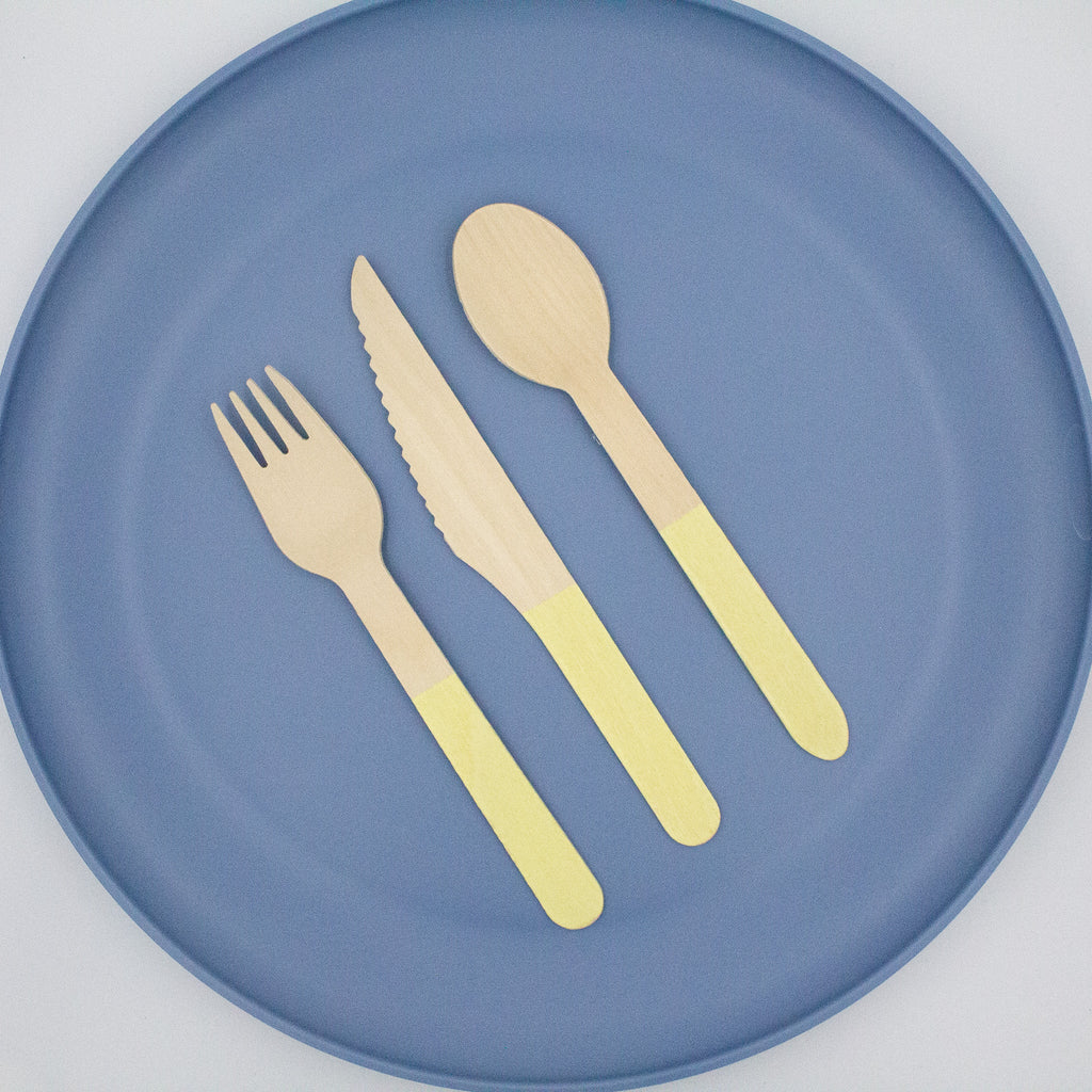 Ellie's Party Supply Yellow Wooden Utensil Set – 24ct | ON SALE!! | Playroom Avenue