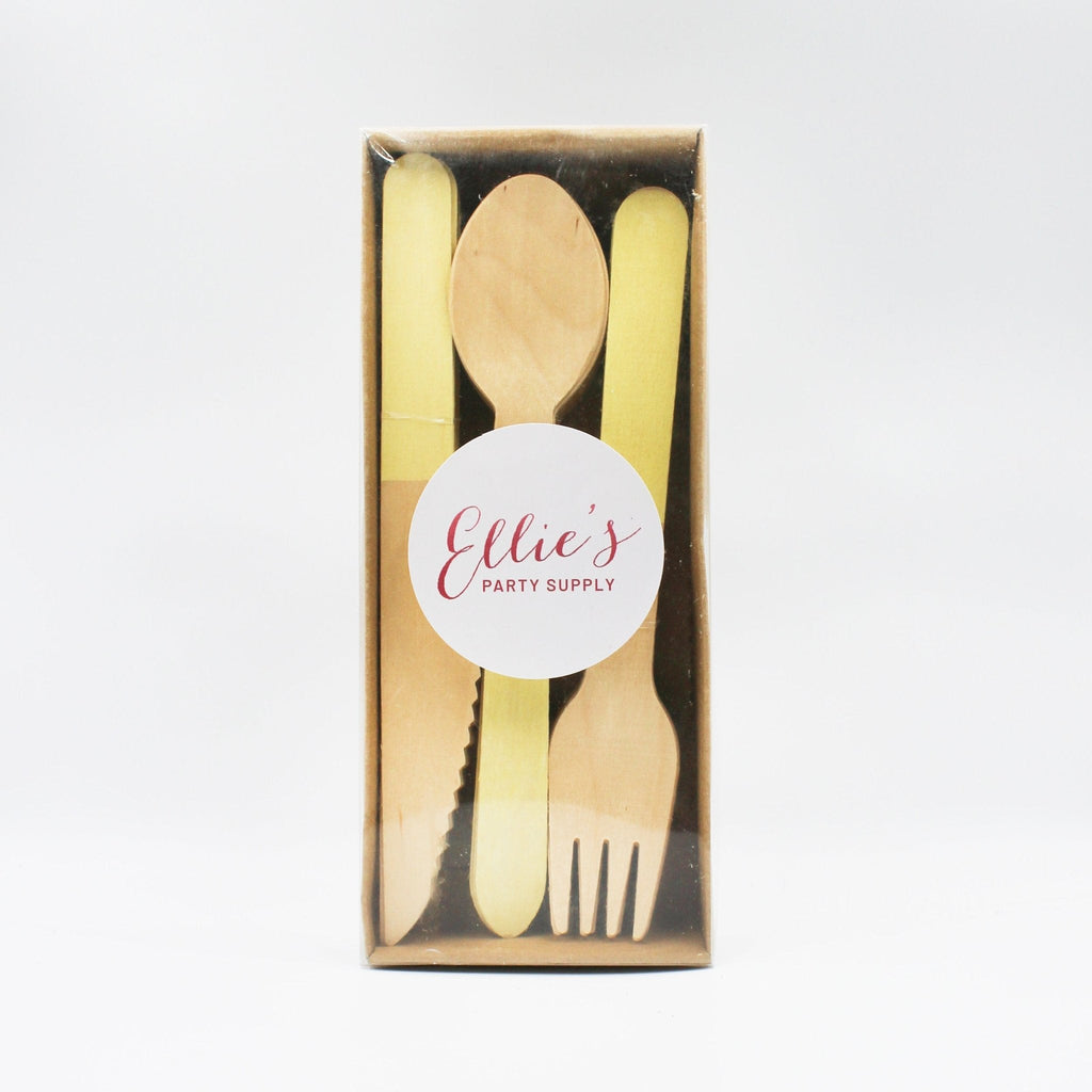 Ellie's Party Supply Yellow Wooden Utensil Set – 24ct | ON SALE!! | Playroom Avenue
