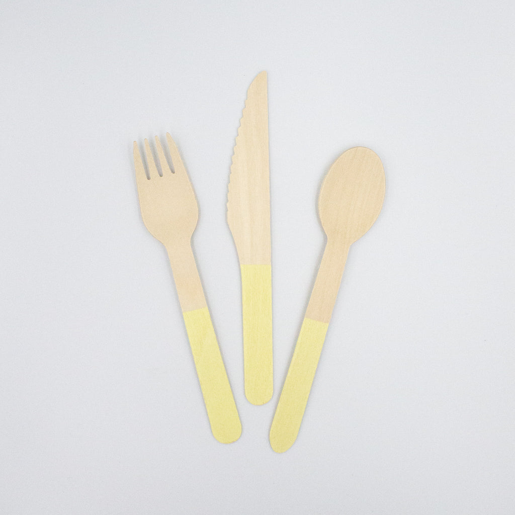 Ellie's Party Supply Yellow Wooden Utensil Set – 24ct | ON SALE!! | Playroom Avenue