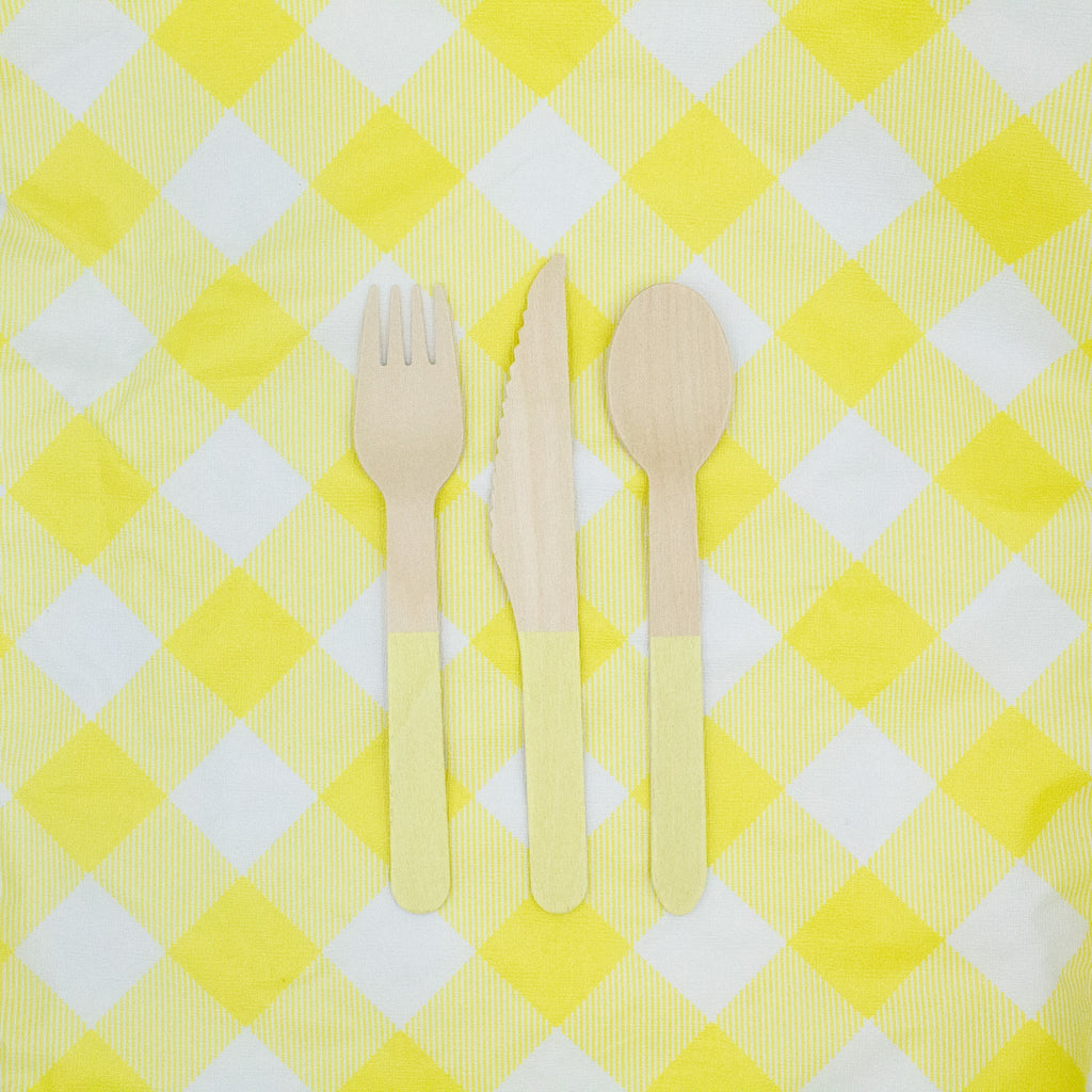 Ellie's Party Supply Yellow Wooden Utensil Set – 24ct | ON SALE!! | Playroom Avenue
