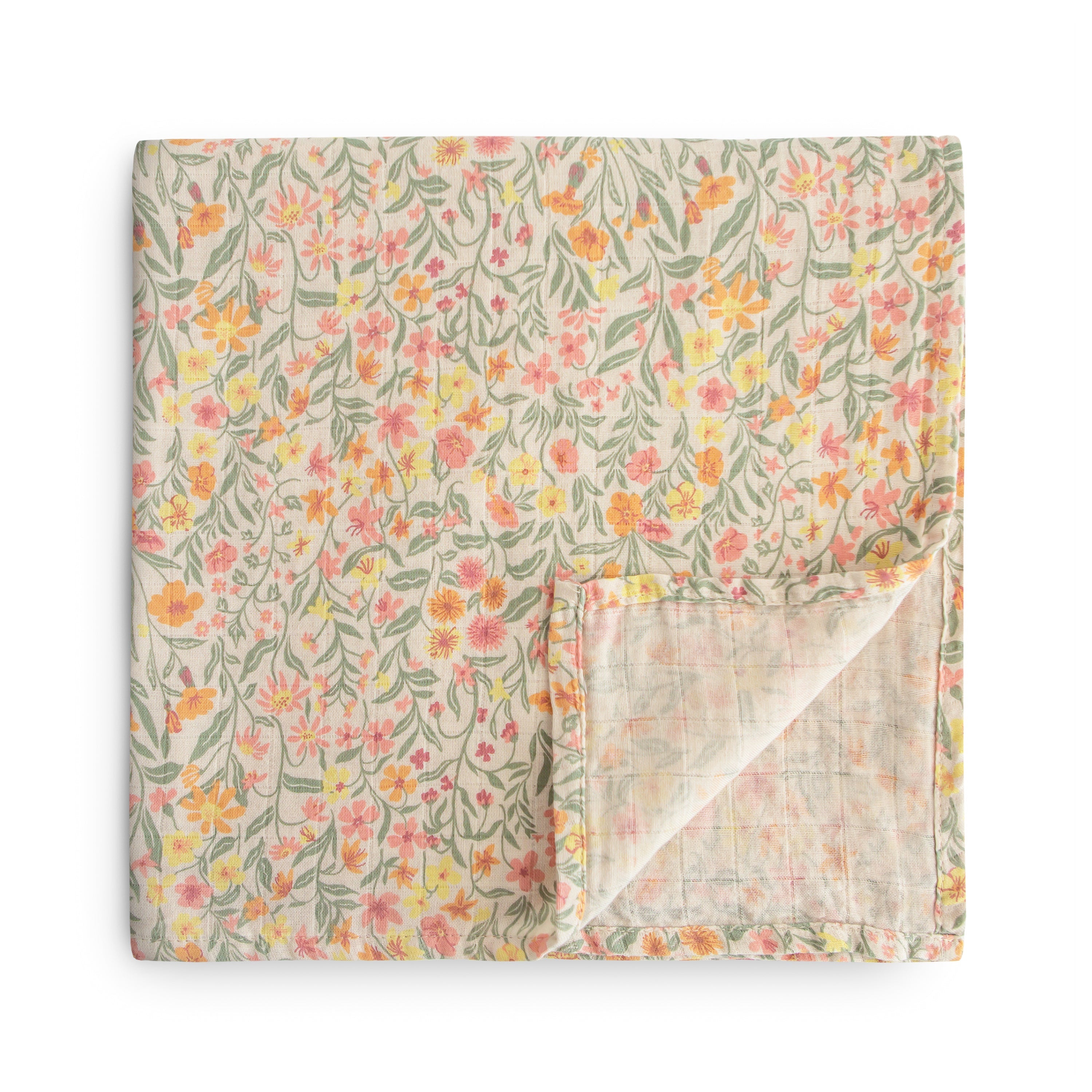 Mushie Organic Cotton Muslin Swaddle Blanket Pastel Blooms | Playroom Avenue