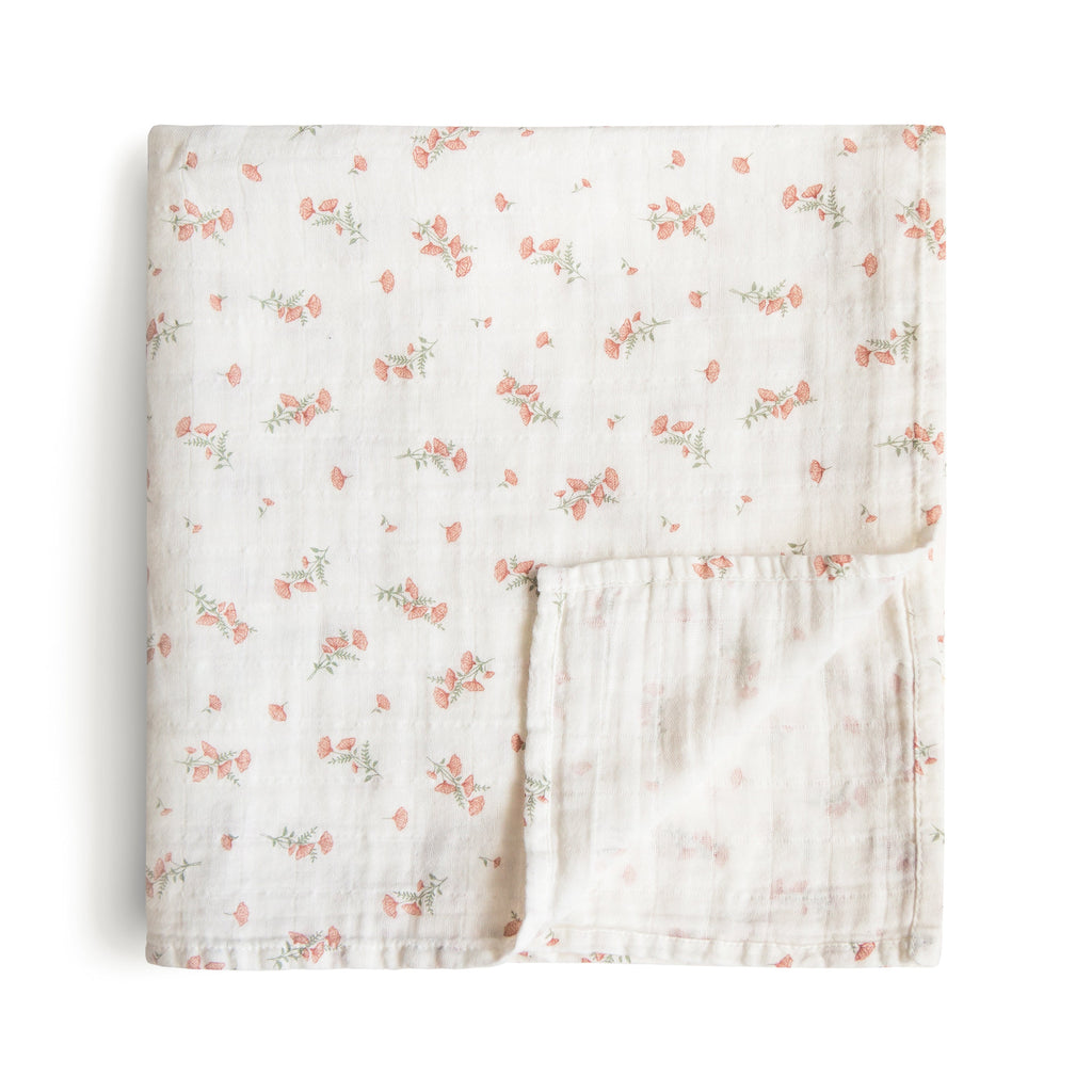 Mushie Organic Cotton Muslin Swaddle Blanket Pink Flowers | Playroom Avenue