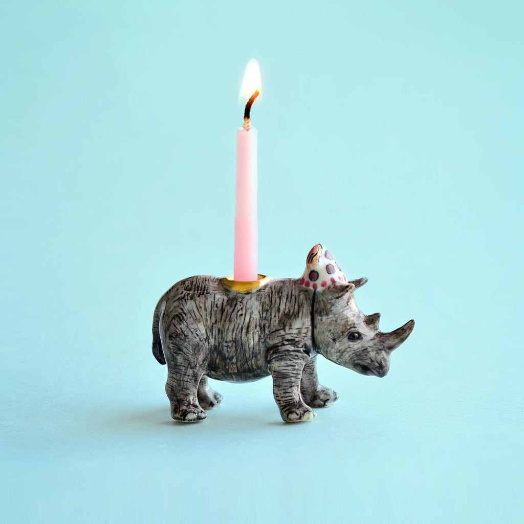 Camp Hollow Rhino Cake Topper | Porcelain Party Animal | Candle Holder