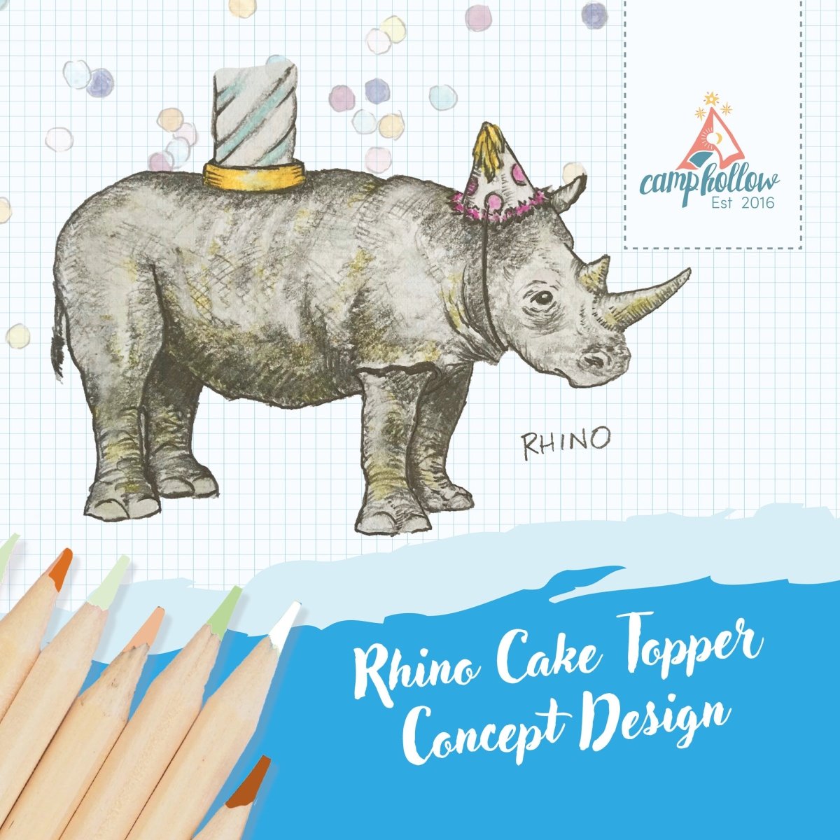 Camp Hollow Rhino Cake Topper | Porcelain Party Animal | Candle Holder