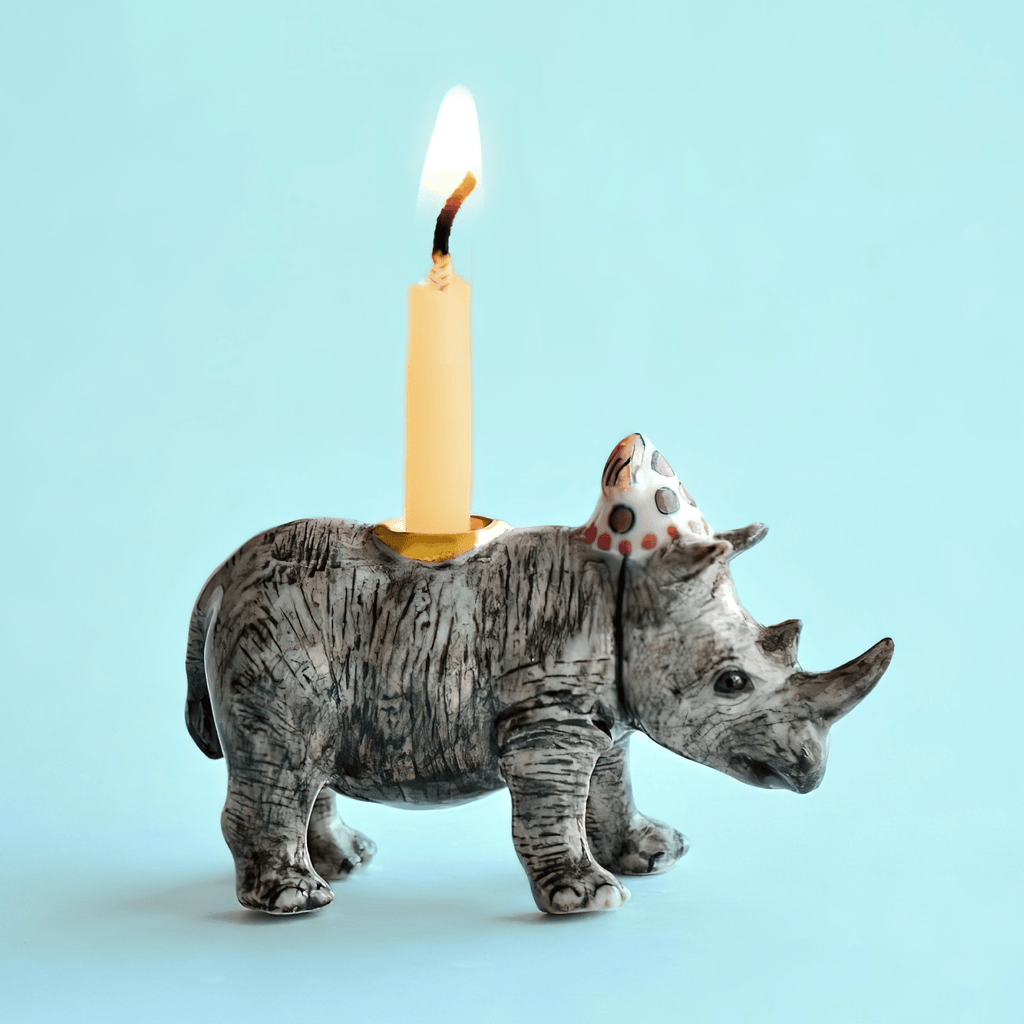 Camp Hollow Rhino Cake Topper | Porcelain Party Animal | Candle Holder