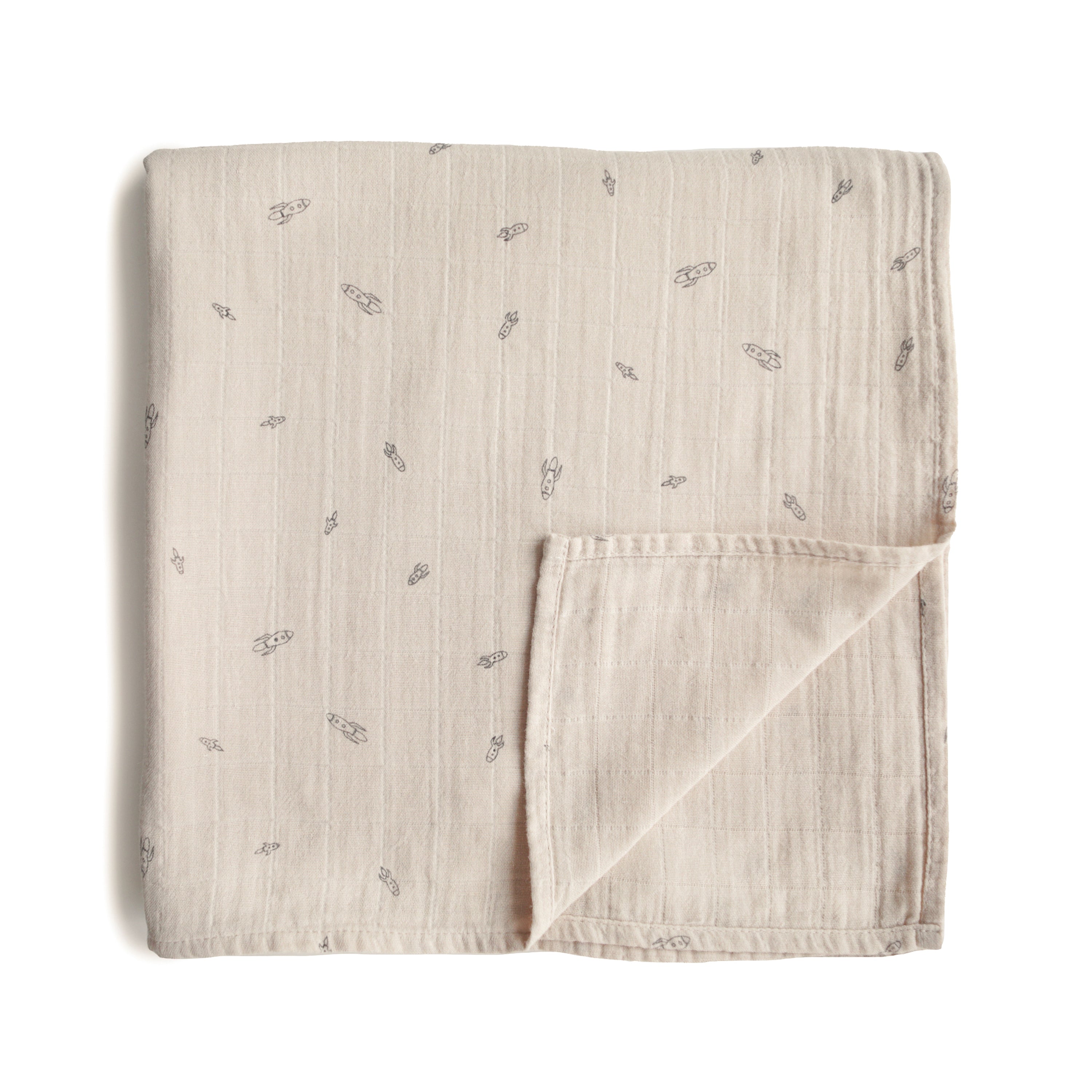 Mushie Organic Cotton Muslin Swaddle Blanket Rocket Ships | Playroom Avenue