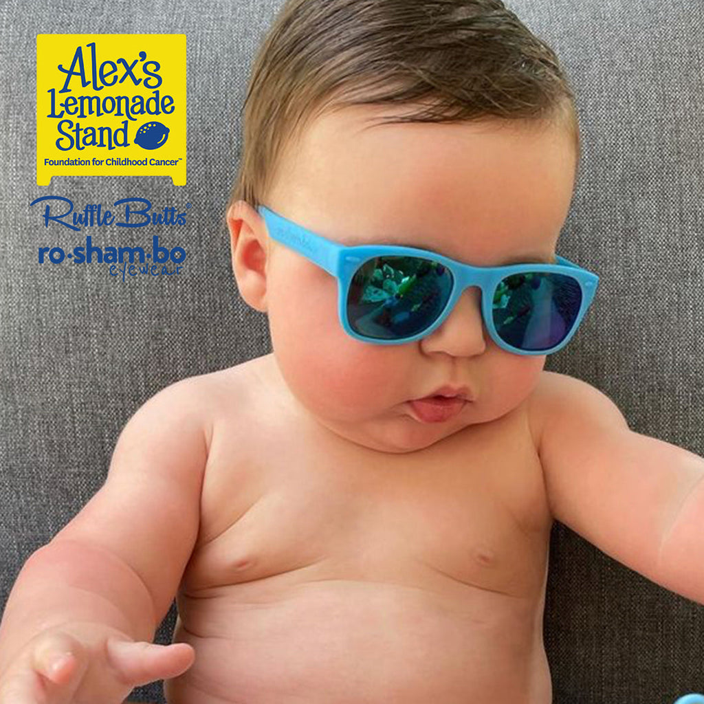 ro•sham•bo eyewear RuggedButts Baby Rainbow Stripe Swim Trunks & Rash Guard with Roshambo Blue Sunglasses | Playroom Avenue