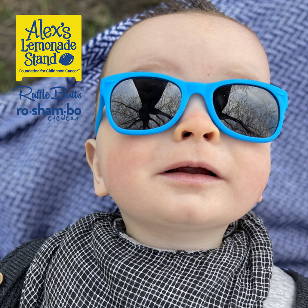 ro•sham•bo eyewear RuggedButts Toddler Rainbow Stripe Swim Trunks & Rash Guard with Roshambo Blue Sunglasses | Playroom Avenue