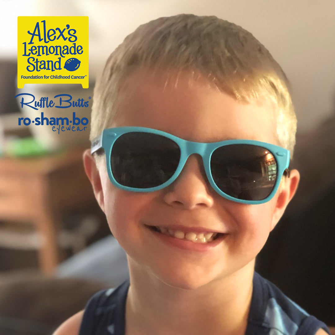 ro•sham•bo eyewear RuggedButts Boys Rainbow Stripe Swim Trunks & Rash Guard with Roshambo Blue Sunglasses | Playroom Avenue