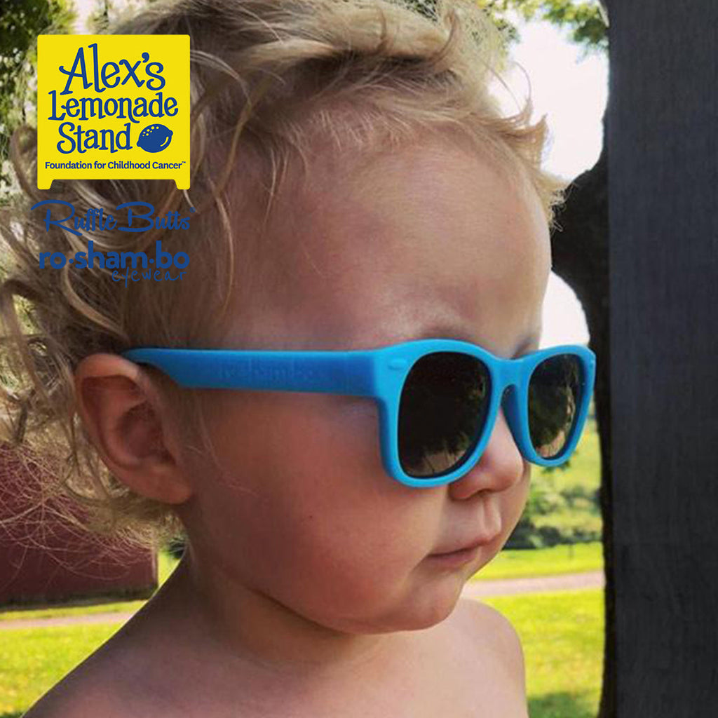 ro•sham•bo eyewear RuggedButts Toddler Rainbow Stripe Swim Trunks & Rash Guard with Roshambo Blue Sunglasses | Playroom Avenue