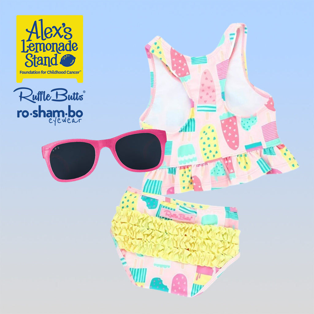 ro•sham•bo eyewear RuffleButts Girls Ice Cream Tankini with Roshambo Pink Glitter Sunglasses | Playroom Avenue