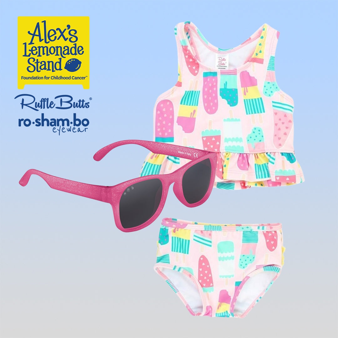 ro•sham•bo eyewear RuffleButts Girls Ice Cream Tankini with Roshambo Pink Glitter Sunglasses | Playroom Avenue