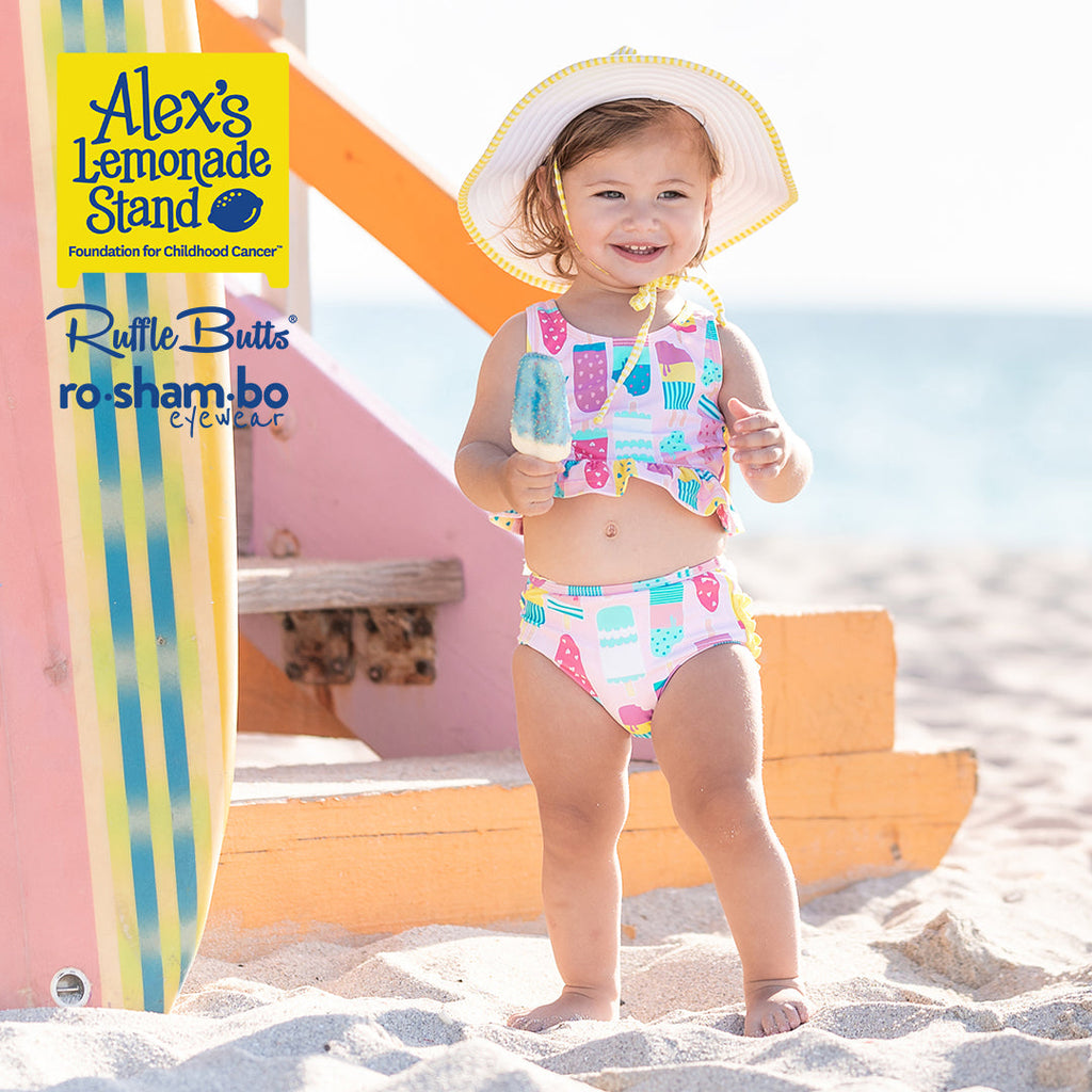 ro•sham•bo eyewear RuffleButts Girls Ice Cream Tankini with Roshambo Pink Glitter Sunglasses | Playroom Avenue