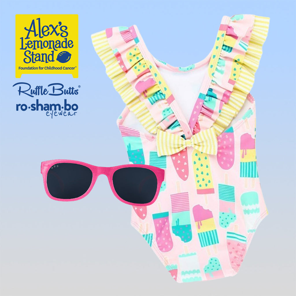 ro•sham•bo eyewear RuffleButts Baby Ice Cream One Piece with Roshambo Pink Glitter Sunglasses | Playroom Avenue