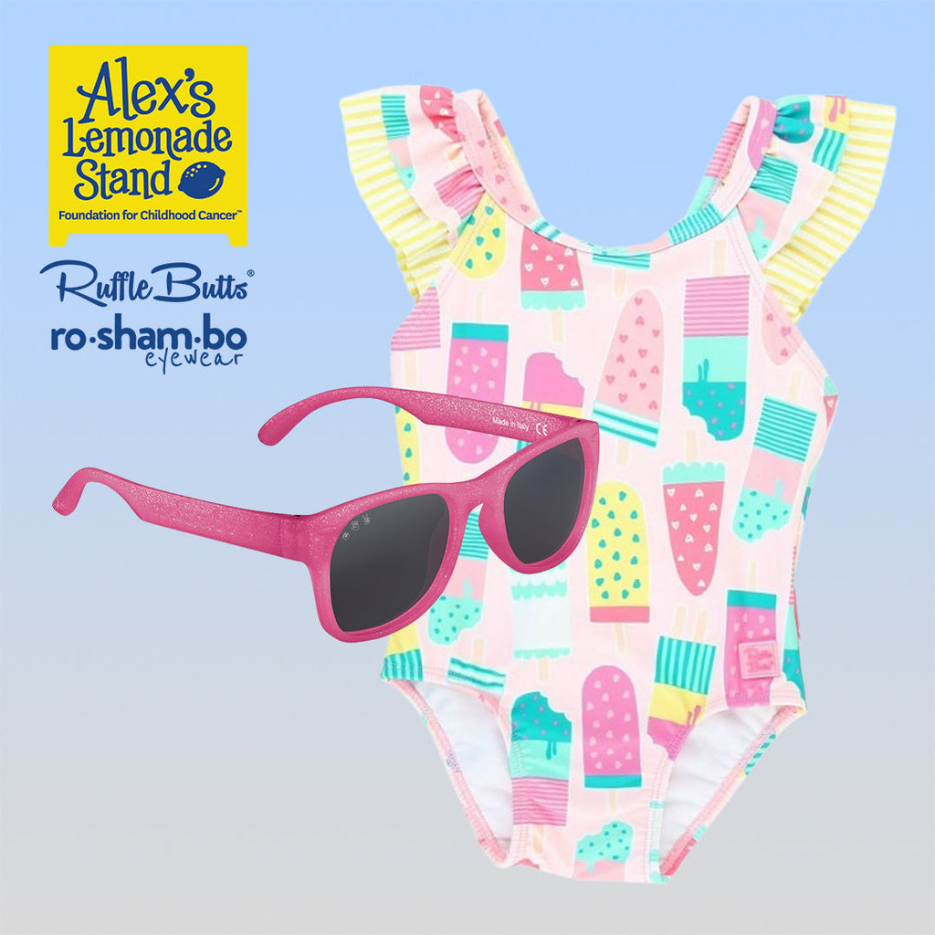 ro•sham•bo eyewear RuffleButts Baby Ice Cream One Piece with Roshambo Pink Glitter Sunglasses Swimsuit 18-24 Months + Baby Sunglasses | Playroom Avenue