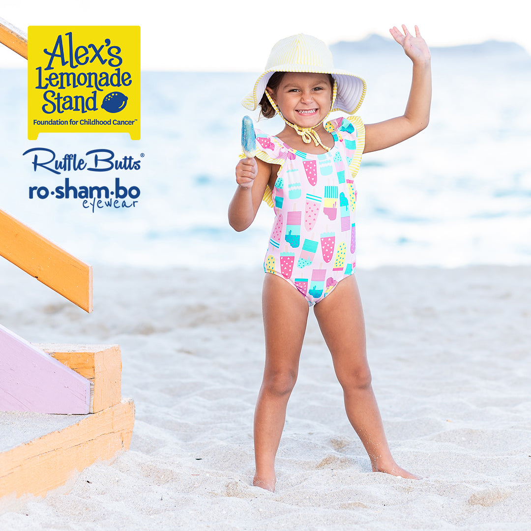 ro•sham•bo eyewear RuffleButts Baby Ice Cream One Piece with Roshambo Pink Glitter Sunglasses | Playroom Avenue