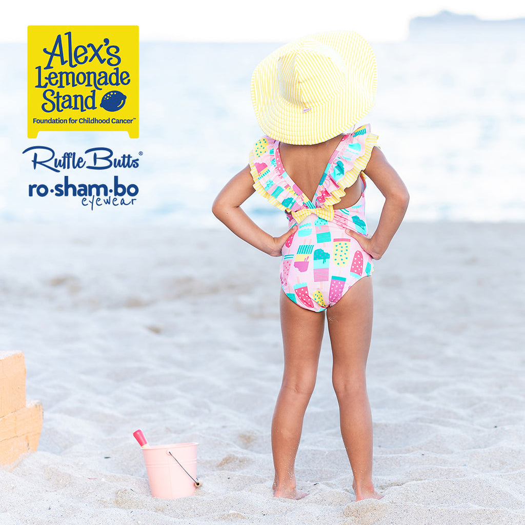 ro•sham•bo eyewear RuffleButts Baby Ice Cream One Piece with Roshambo Pink Glitter Sunglasses | Playroom Avenue