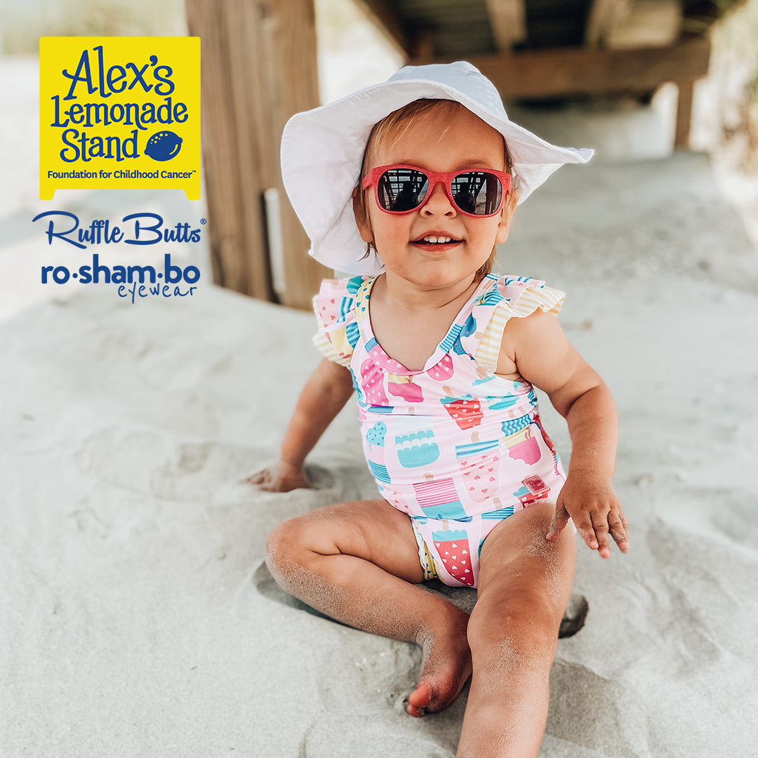 ro•sham•bo eyewear RuffleButts Baby Ice Cream One Piece with Roshambo Pink Glitter Sunglasses | Playroom Avenue