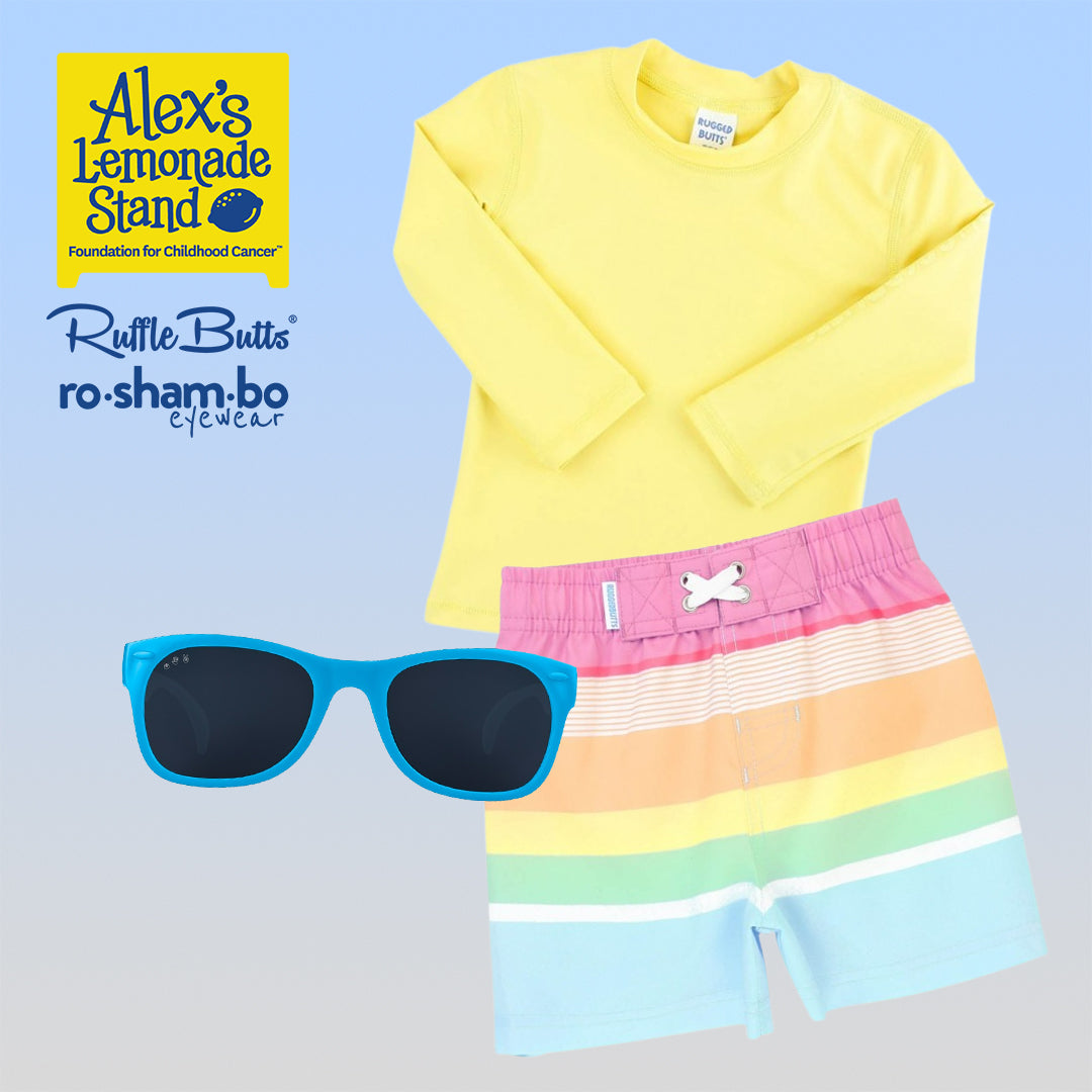 ro•sham•bo eyewear RuggedButts Boys Rainbow Stripe Swim Trunks & Rash Guard with Roshambo Blue Sunglasses | Playroom Avenue