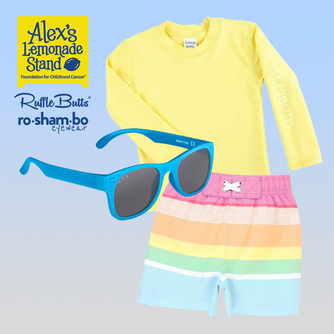 ro•sham•bo eyewear RuggedButts Boys Rainbow Stripe Swim Trunks & Rash Guard with Roshambo Blue Sunglasses | Playroom Avenue