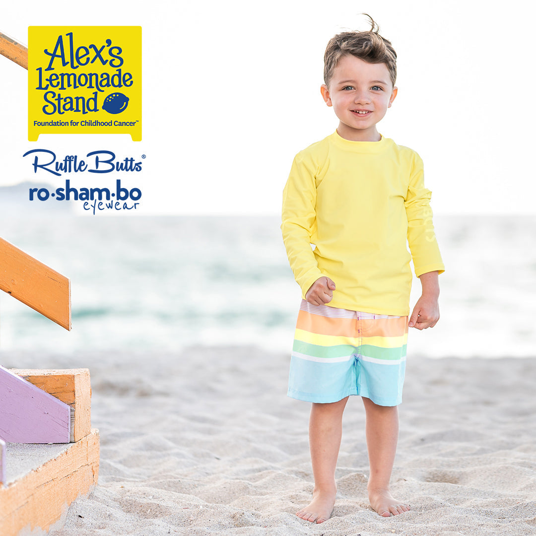 ro•sham•bo eyewear RuggedButts Boys Rainbow Stripe Swim Trunks & Rash Guard with Roshambo Blue Sunglasses | Playroom Avenue