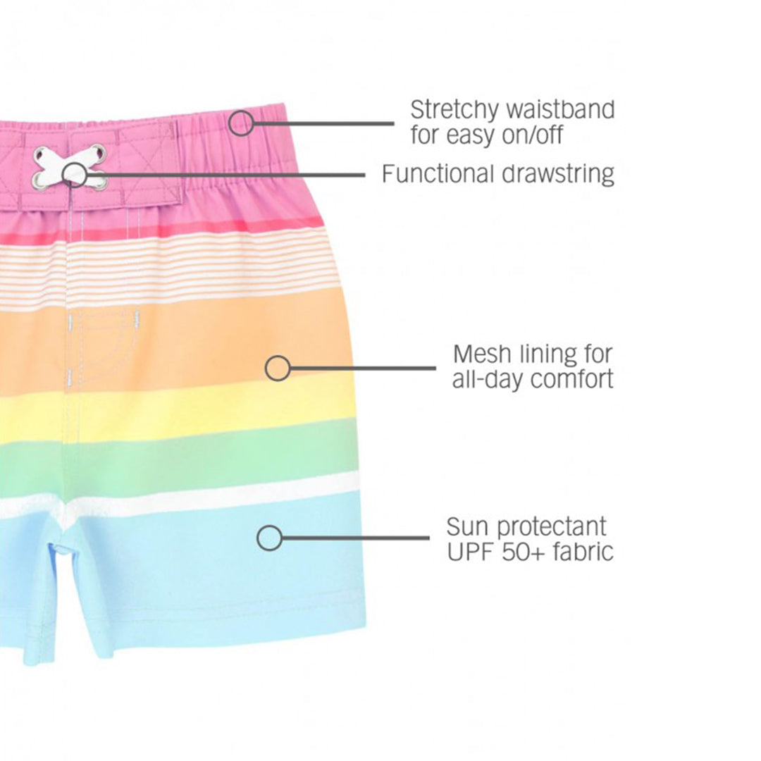 ro•sham•bo eyewear RuggedButts Boys Rainbow Stripe Swim Trunks & Rash Guard with Roshambo Blue Sunglasses | Playroom Avenue