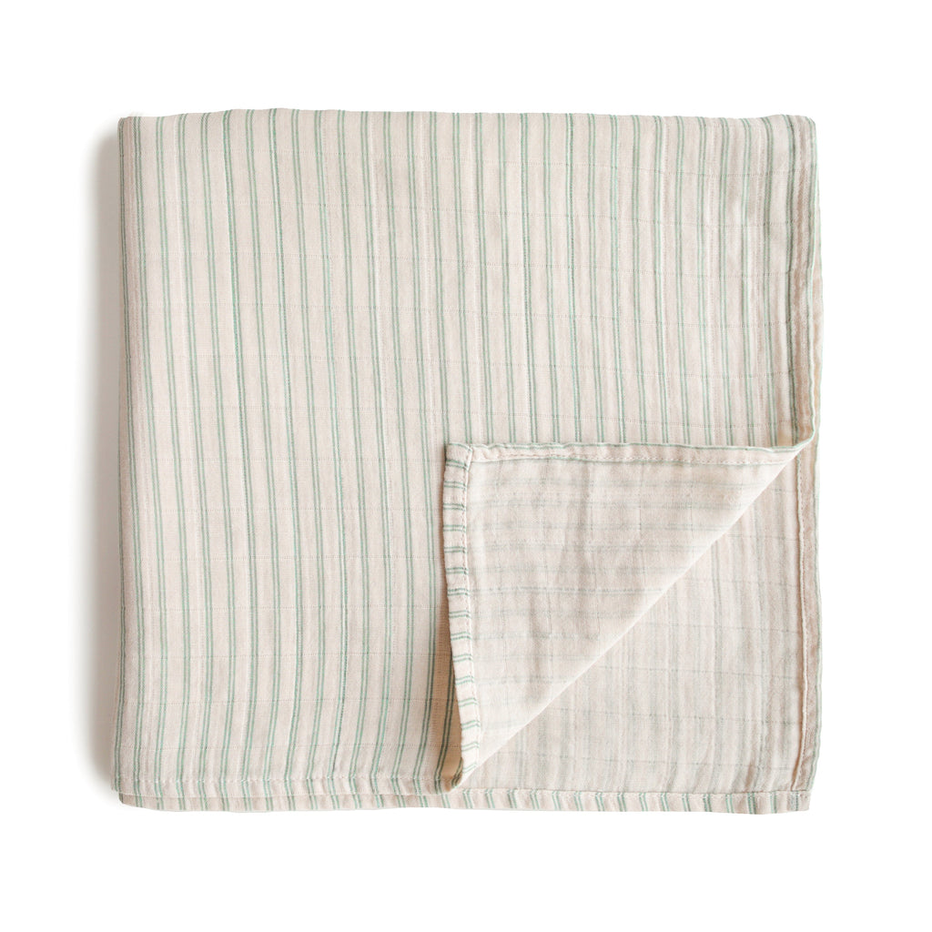 Mushie Organic Cotton Muslin Swaddle Blanket Sage Stripe | Playroom Avenue