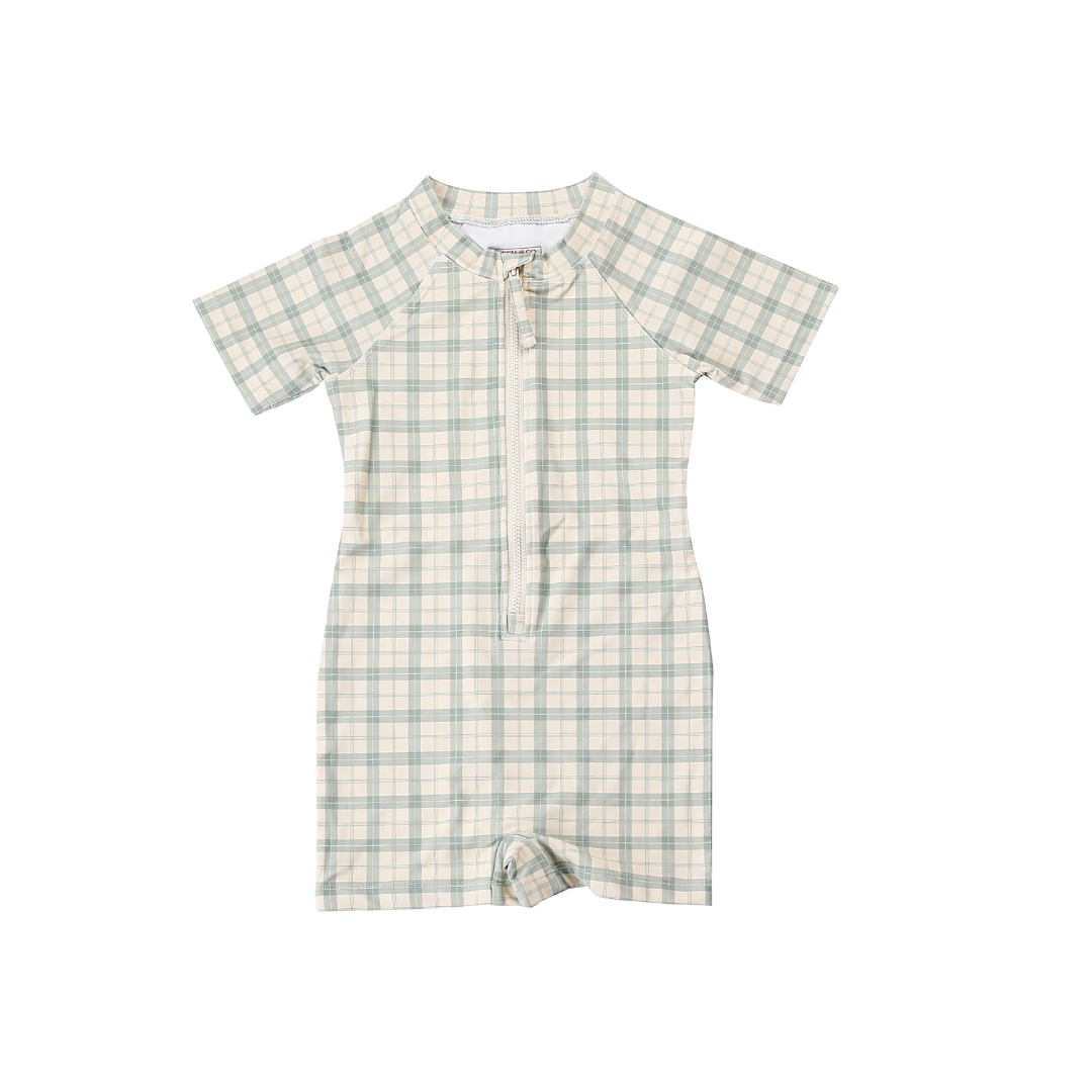 GRECH & CO. Short Sleeve Rashguard Swimsuit | UPF + Recycled - Fern Plaid | Playroom Avenue