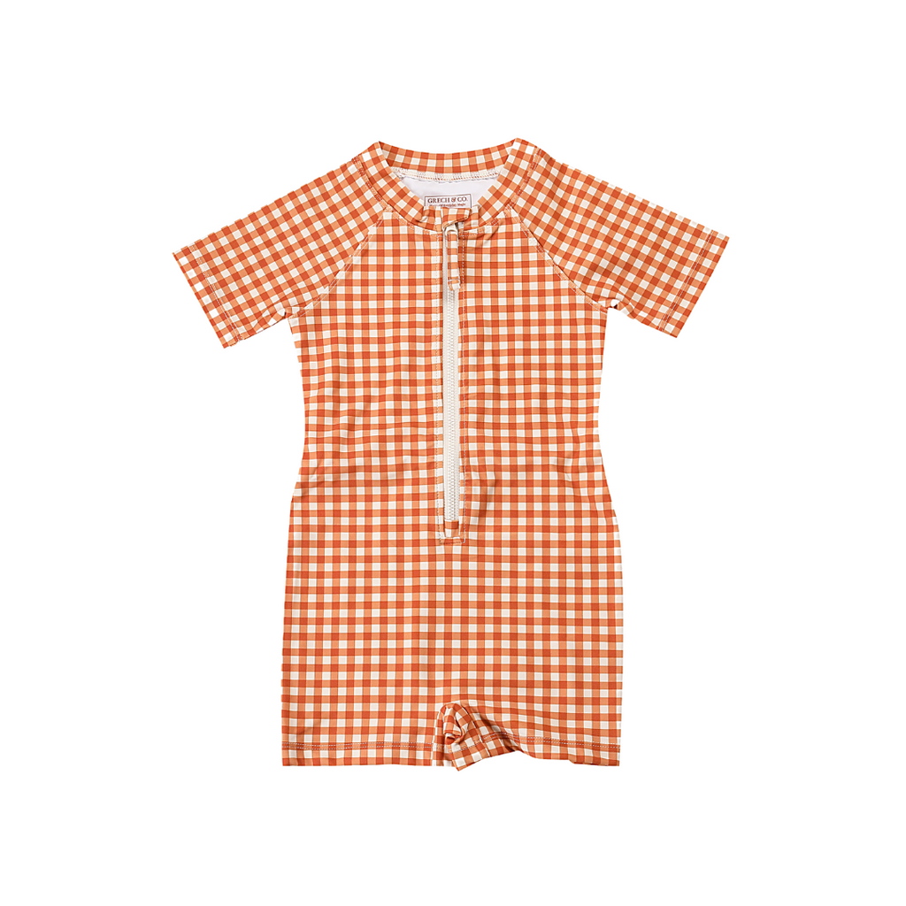 GRECH & CO. Short Sleeve Rashguard Swimsuit | UPF + Recycled - Sienna Gingham | Playroom Avenue