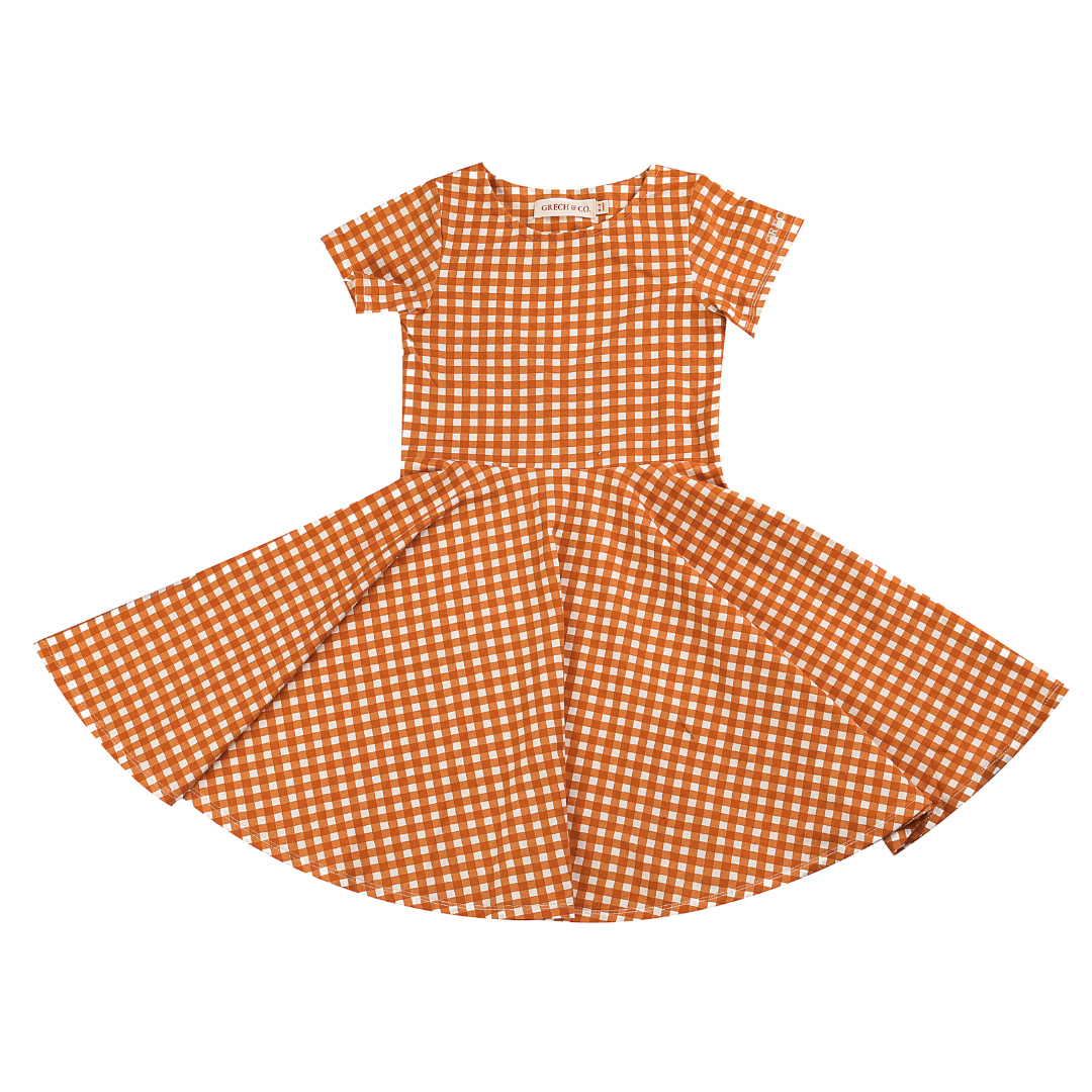 GRECH & CO. Sweetheart Twirl Dress | Organic Cotton Jersey - Sienna Gingham | Playroom Avenue