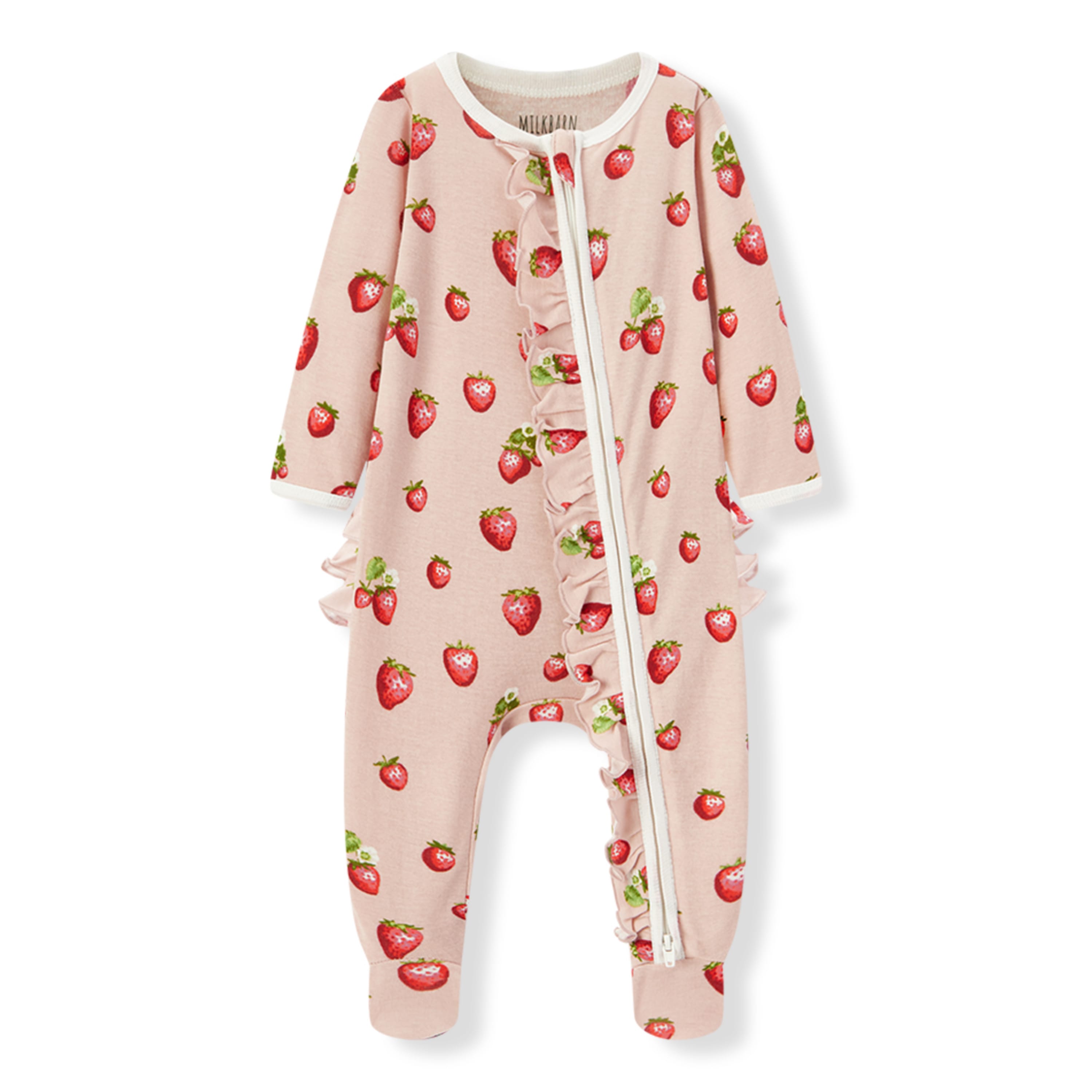 Milkbarn Strawberry Organic Cotton Ruffle Footed Romper | Playroom Avenue