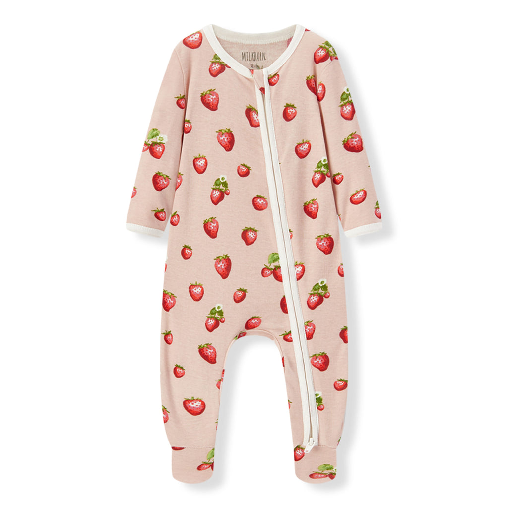 Milkbarn Strawberry Organic Cotton Zipper Footed Romper | Playroom Avenue