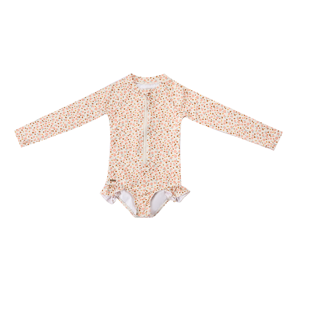 GRECH & CO. Long Sleeve Rashguard Ruffle Swimsuit | UPF + Recycled - Sunset Meadow | Playroom Avenue