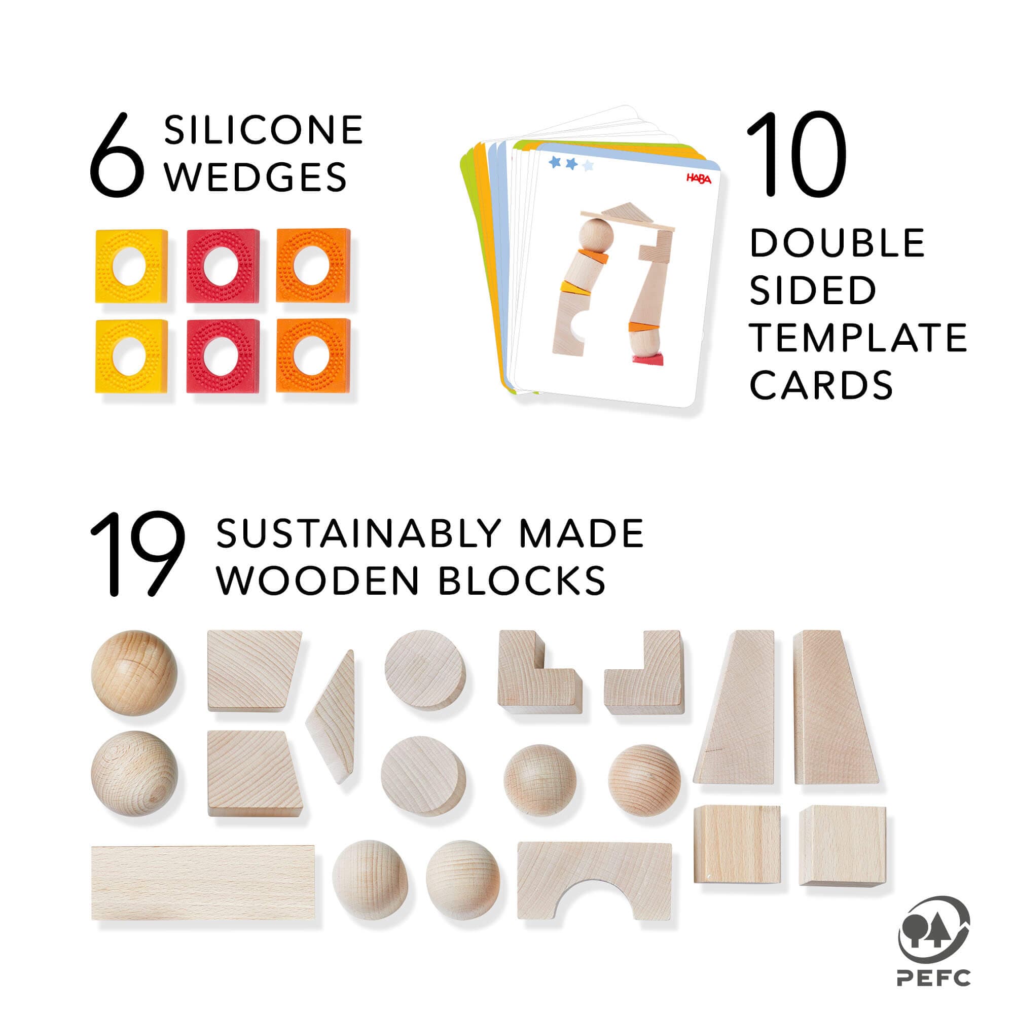 Description of the products included in HABA Teetering Towers Wooden Blocks - Balance Building Game | HABA USA