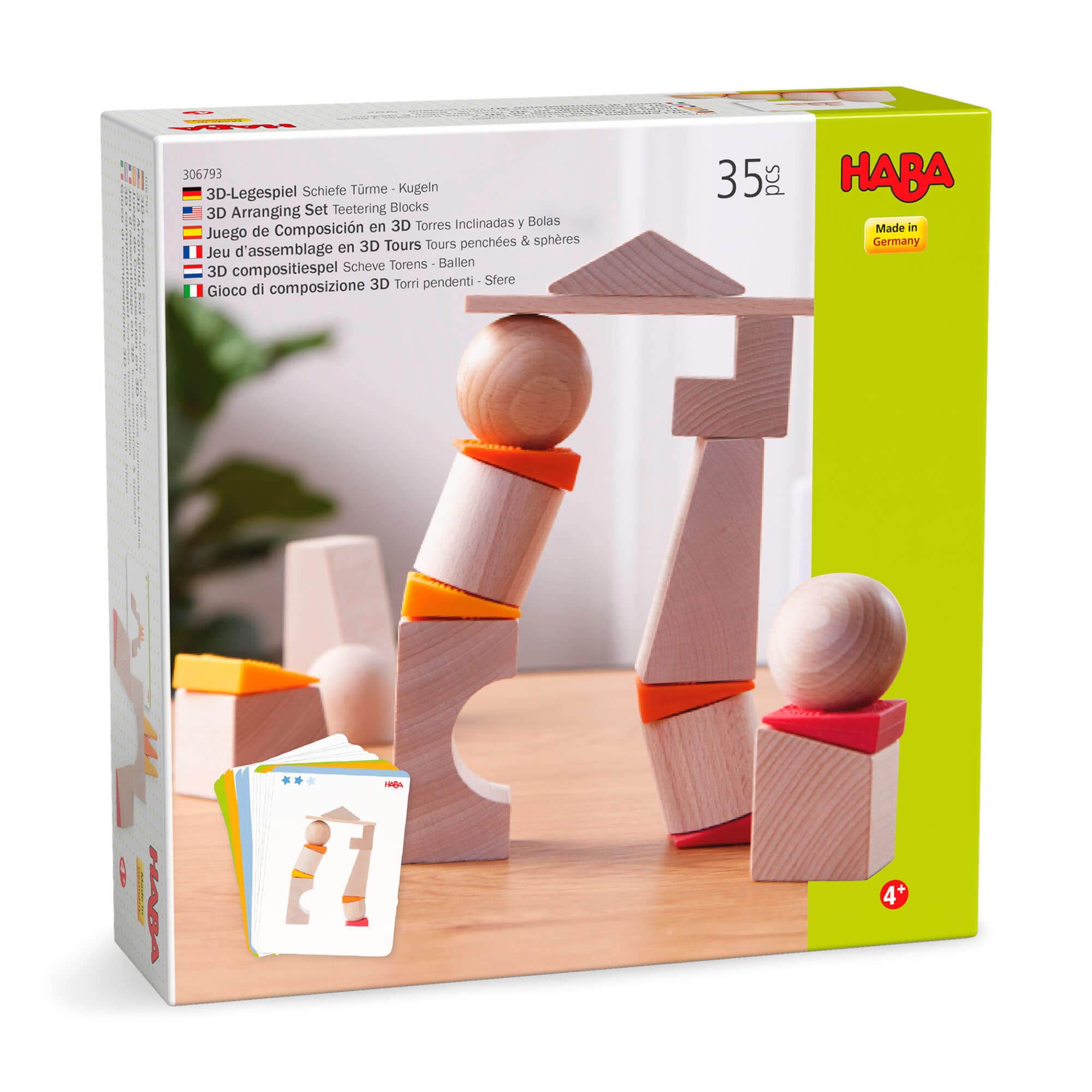 HABA Teetering Tower block set packaging with wooden blocks and cards on a white background