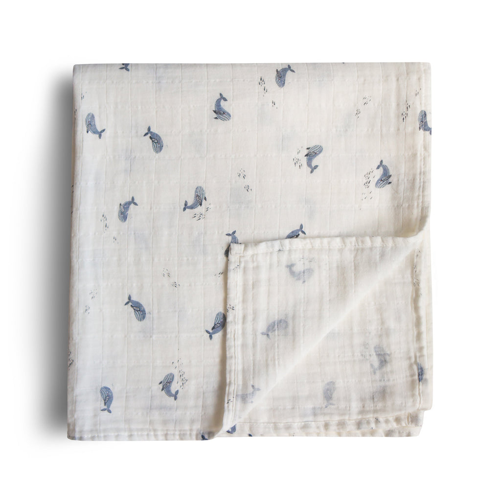 Mushie Organic Cotton Muslin Swaddle Blanket Whales | Playroom Avenue