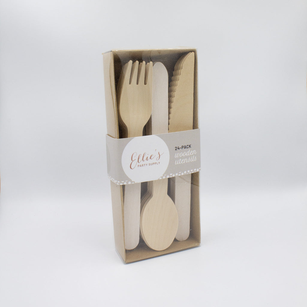 Ellie's Party Supply White Wooden Utensil Set – 24ct | ON SALE!! | Playroom Avenue
