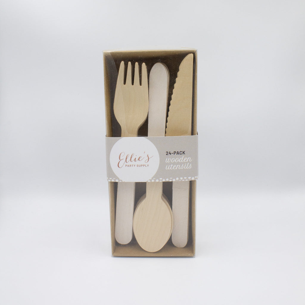 Ellie's Party Supply White Wooden Utensil Set – 24ct | ON SALE!! | Playroom Avenue