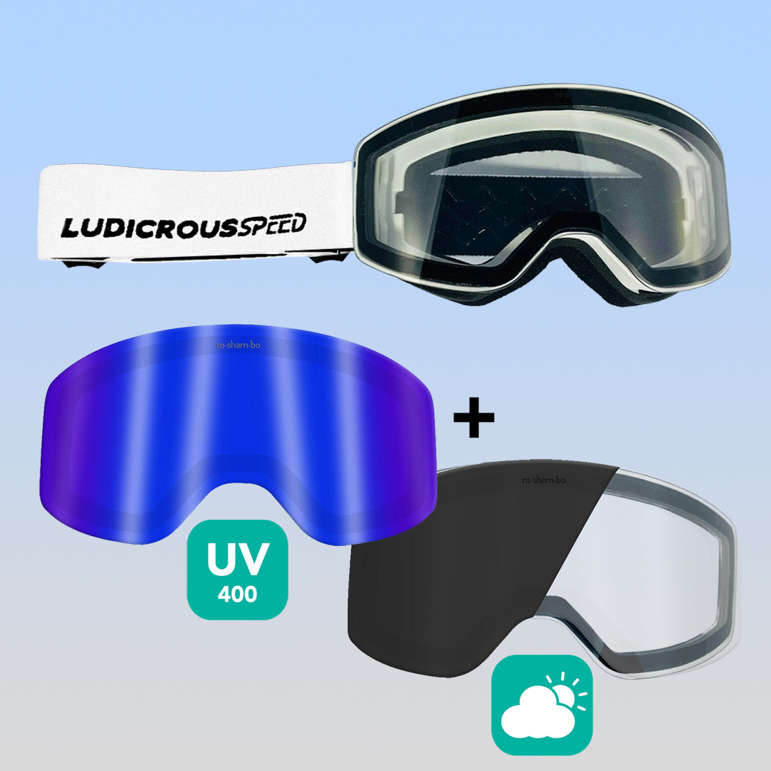 ro•sham•bo eyewear Ludicrous Speed Snow Goggles Set | Youth White Frame Transitioning Clear-to-Dark Grey Lens Mirrored Blue | Playroom Avenue