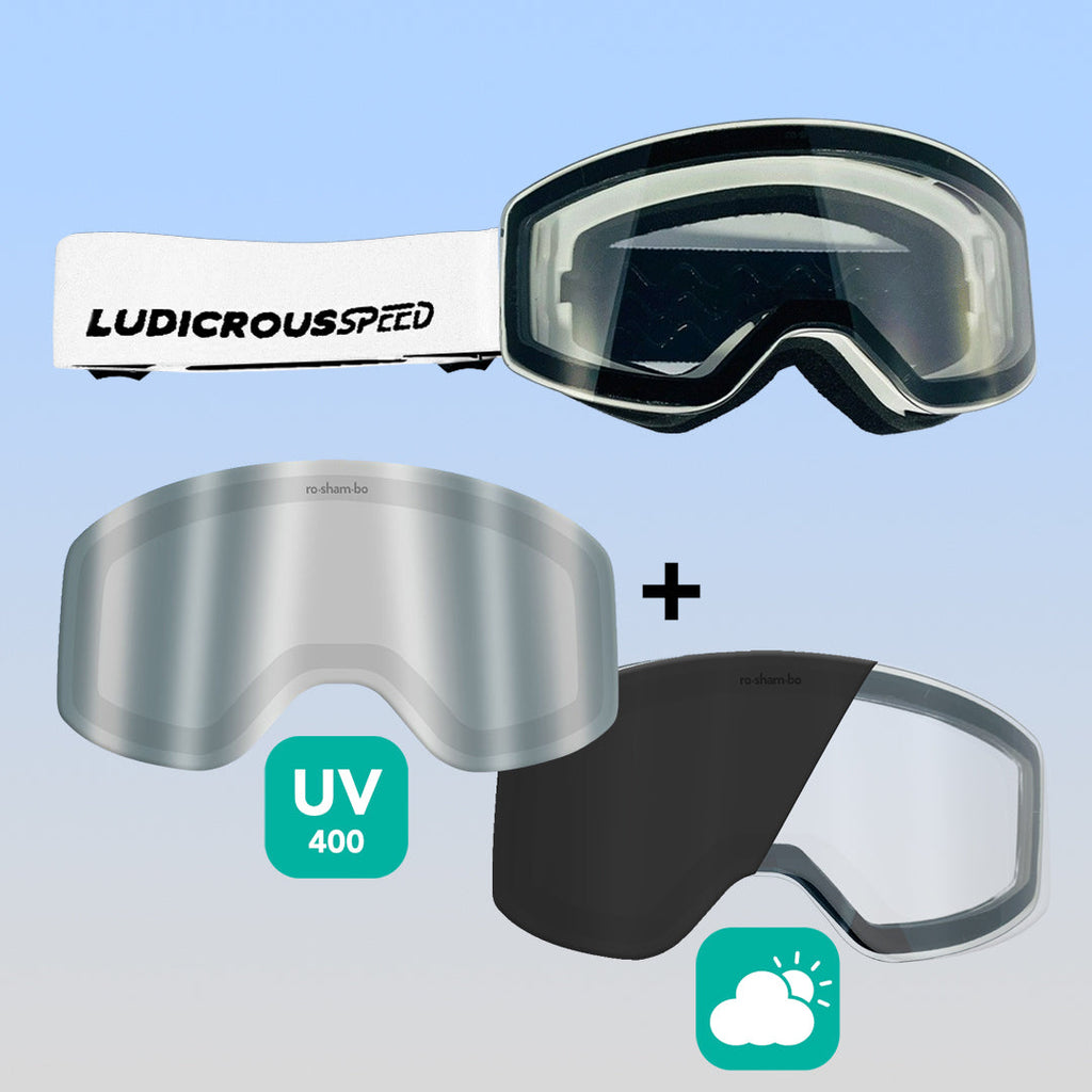 ro•sham•bo eyewear Ludicrous Speed Snow Goggles Set | Youth White Frame Transitioning Clear-to-Dark Grey Lens Mirrored Chrome | Playroom Avenue