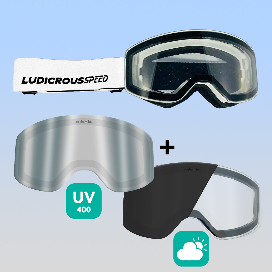 ro•sham•bo eyewear Ludicrous Speed Snow Goggles Set | Youth White Frame Transitioning Clear-to-Dark Grey Lens Mirrored Chrome | Playroom Avenue