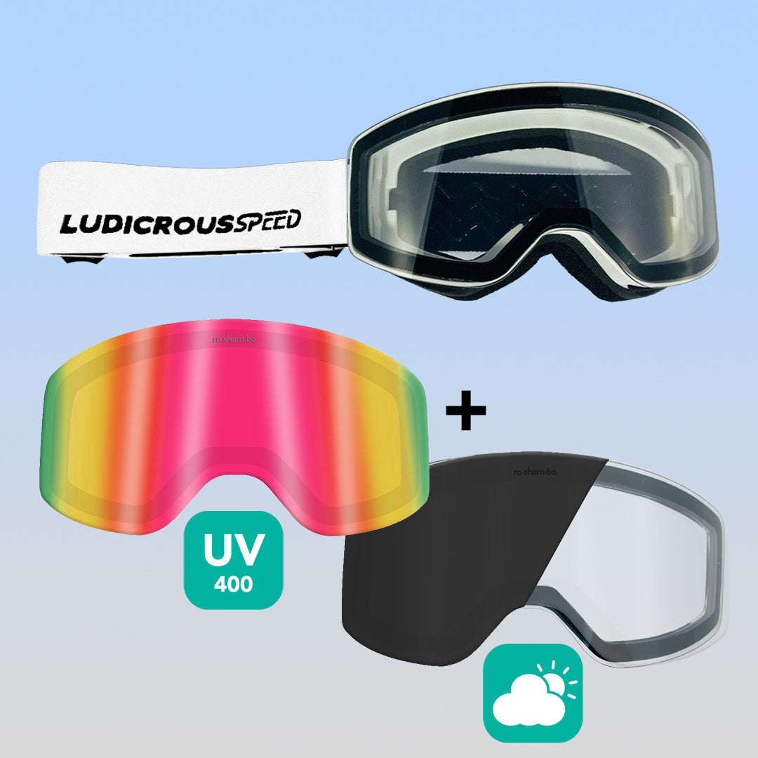 ro•sham•bo eyewear Ludicrous Speed Snow Goggles Set | Youth White Frame Transitioning Clear-to-Dark Grey Lens Mirrored Pink Rainbow | Playroom Avenue